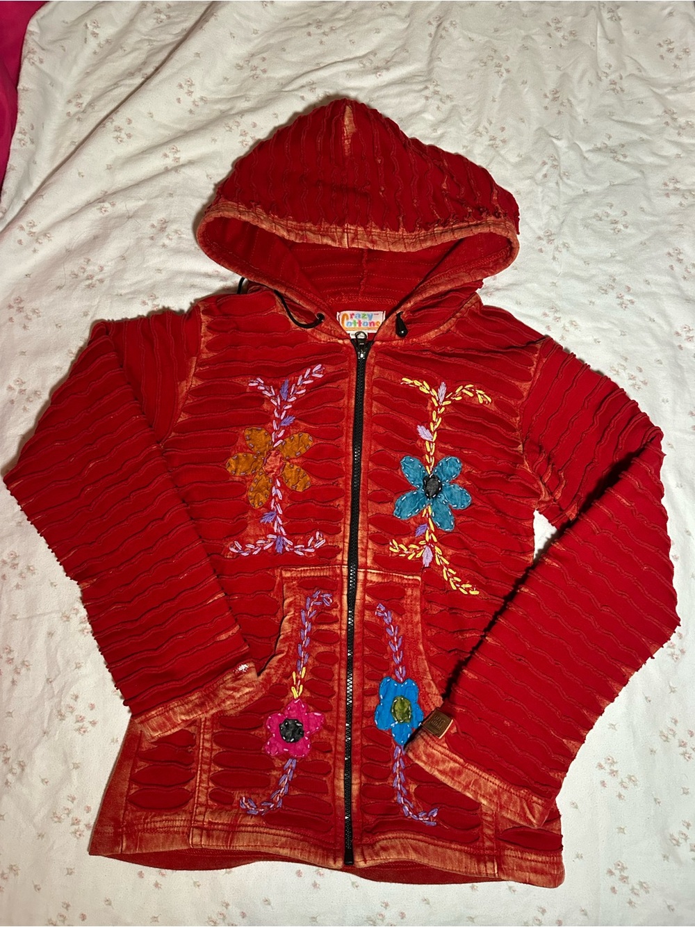 Women’s Red Hooded Zip Puffer Sweater with Floral Embroidery